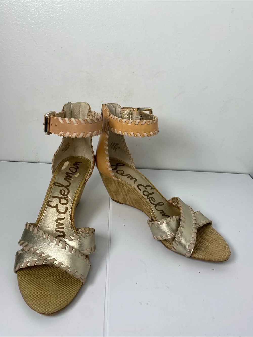 Sam Edelman Gold and Tan Wedge Sandals with Ankle Strap Flawed